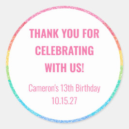 Pegatina Redonda Purpurina lindo Personalizado arcoiris Cumpleaños