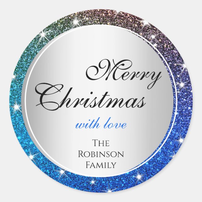 Pegatina Redonda Purpurina Luminoso de gradiente azul Sparkle Stars (Anverso)