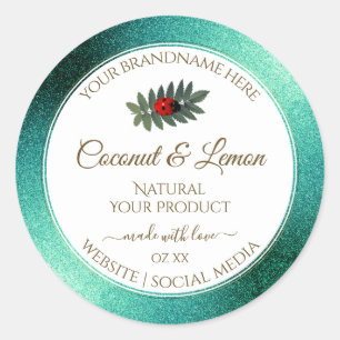 Pegatina Redonda Purpurina metálico verde azulado Ladybug de etique