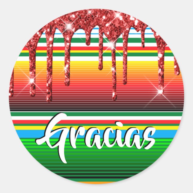 Pegatina Redonda Purpurina mexicano de goteo rojo brillante gracias (Anverso)