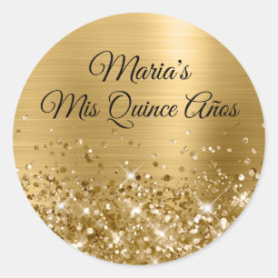 Pegatina Redonda Purpurina Mis Quince Años Hoja de Oro