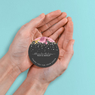 Pegatina Redonda Purpurina moderno de diamantes de flores rosadas b
