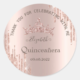 Pegatina Redonda Purpurina moderno goteo Rosa Oro Quinceañera