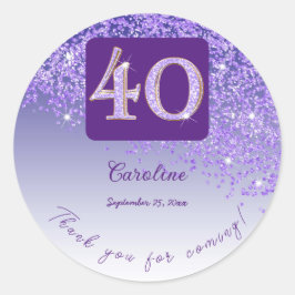 Pegatina Redonda Purpurina morado caído, 40 cumpleaños gracias