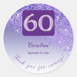Pegatina Redonda Purpurina morado caído, 60 cumpleaños gracias
