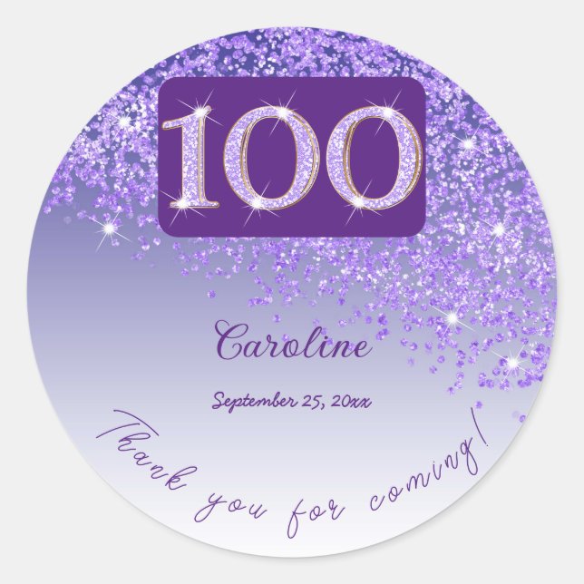 Pegatina Redonda Purpurina morado caído, cumpleaños número 100 grac (Anverso)