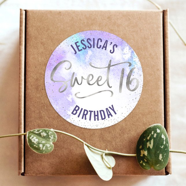 Pegatina Redonda Purpurina morado plateado dulce 16 acuarela Cumple (Subido por el creador)