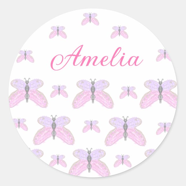 Pegatina Redonda Purpurina morado rosa mariposa agregar letra de no (Anverso)