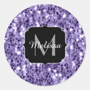 Pegatina Redonda Purpurina morado ultravioleta chispa Monograma
