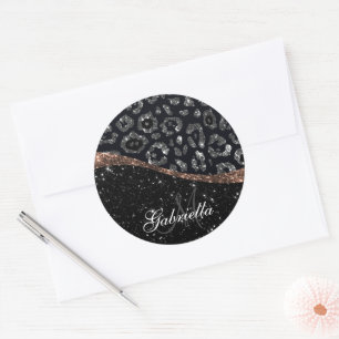 Pegatina Redonda Purpurina negro e impresión de leopardo