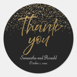 Pegatina Redonda Purpurina Negro y Oro Gracias Boda