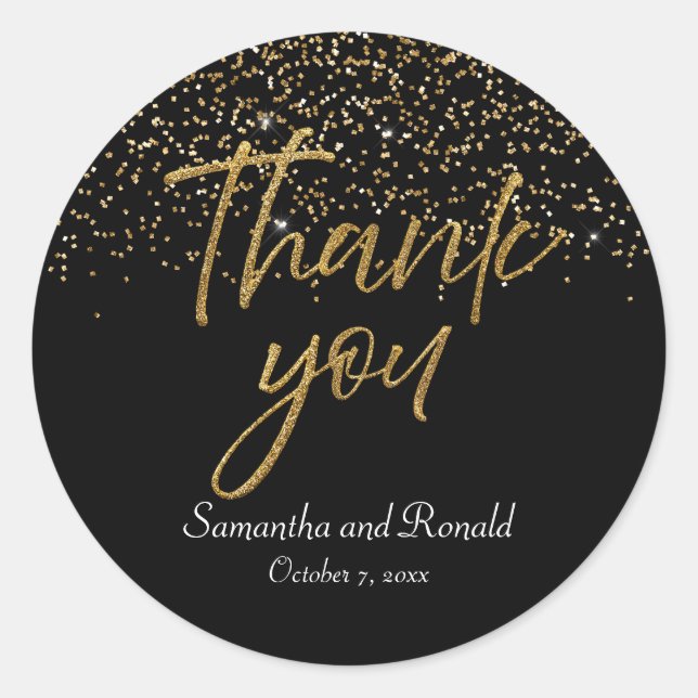 Pegatina Redonda Purpurina Negro y Oro Gracias Boda (Anverso)
