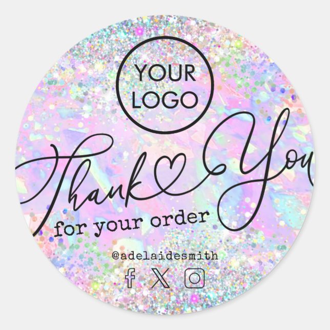 Pegatina Redonda purpurina opal gracias por su pedido (Anverso)