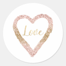 Pegatina Redonda Purpurina Oro Rosa Corazón de Amor