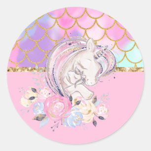 Pegatina Redonda Purpurina Pastel Gold Unicorn y bebé con flores