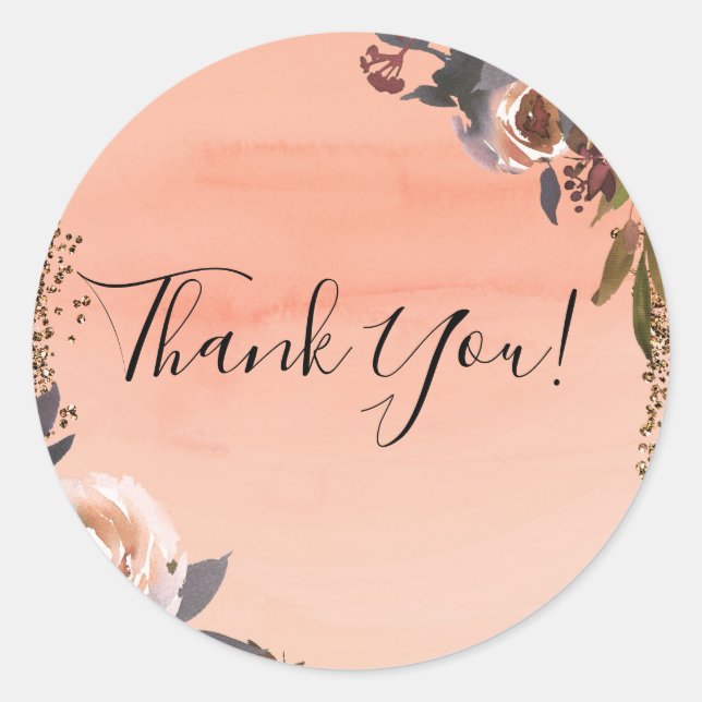 Pegatina Redonda Purpurina Peach & Gold Floral Moderna Ducha Bridal (Anverso)