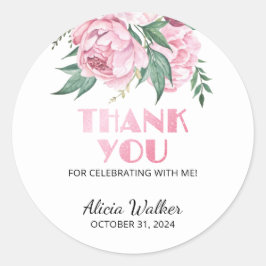 Pegatina Redonda Purpurina Pink Peony Floral Greeneration Cumpleaño