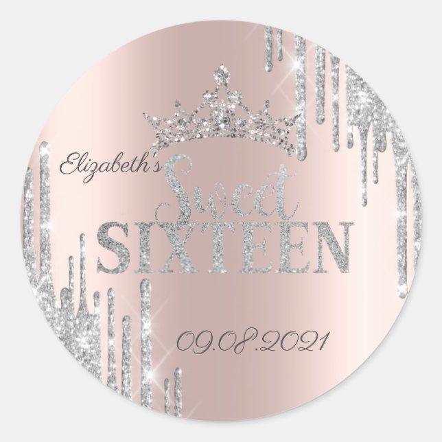 Pegatina Redonda Purpurina Plata Perfora Tiara Rosa Oro Dulce 16 (Anverso)