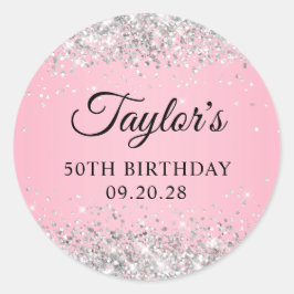 Pegatina Redonda Purpurina Plata Rosa 50 cumpleaños