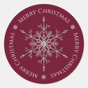Pegatina Redonda Purpurina Plata Snowflake Feliz Navidad Borgoña