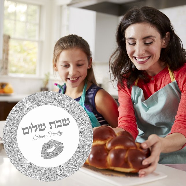 Pegatina Redonda Purpurina plateado besar al judío hebreo Shabbat S (Subido por el creador)