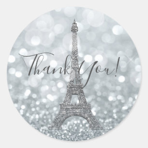 Pegatina Redonda Purpurina plateado Sparkle Bling Eiffel Tower Fies