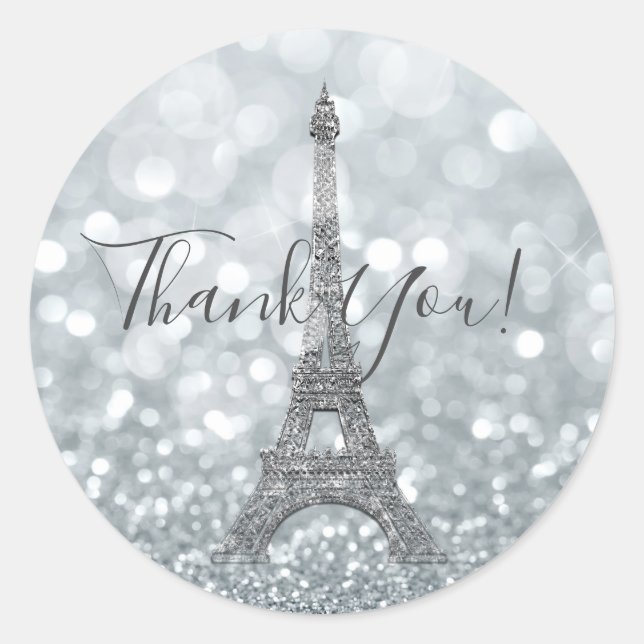 Pegatina Redonda Purpurina plateado Sparkle Bling Eiffel Tower Fies (Anverso)