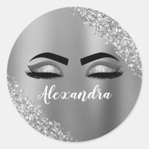 Pegatina Redonda Purpurina plateado Sparkle Eyelashes Monograma Nom