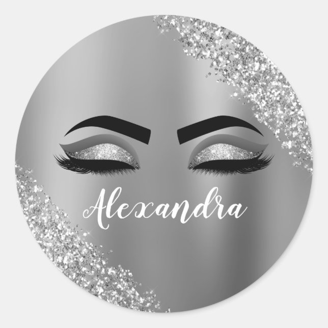 Pegatina Redonda Purpurina plateado Sparkle Eyelashes Monograma Nom (Anverso)