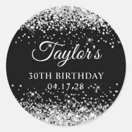Pegatina Redonda Purpurina plateado y cumpleaños 30 negro