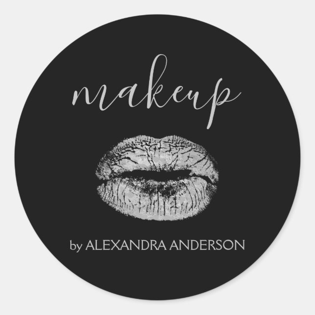 Pegatina Redonda Purpurina plateado y maquillaje con lápiz labial e (Anverso)