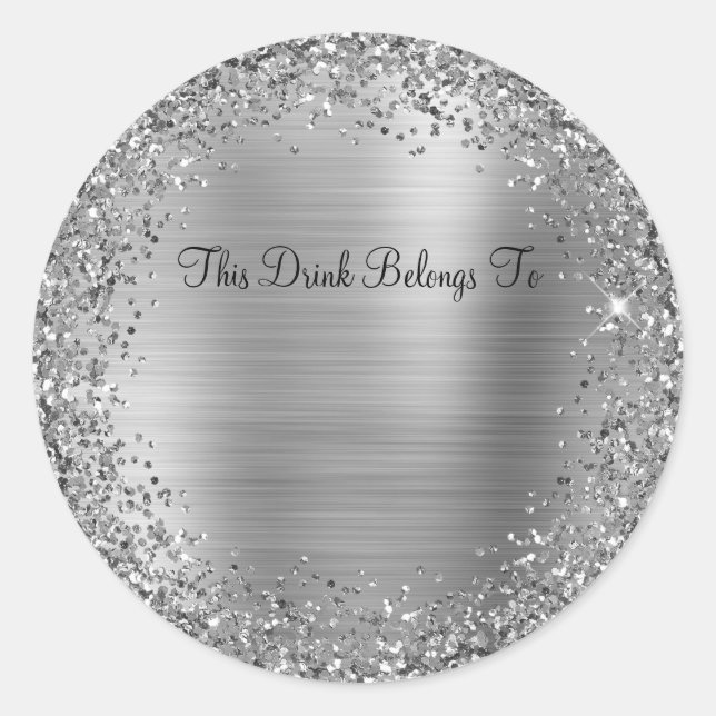 Pegatina Redonda Purpurina plateado y Relieve metalizado Esta bebid (Anverso)