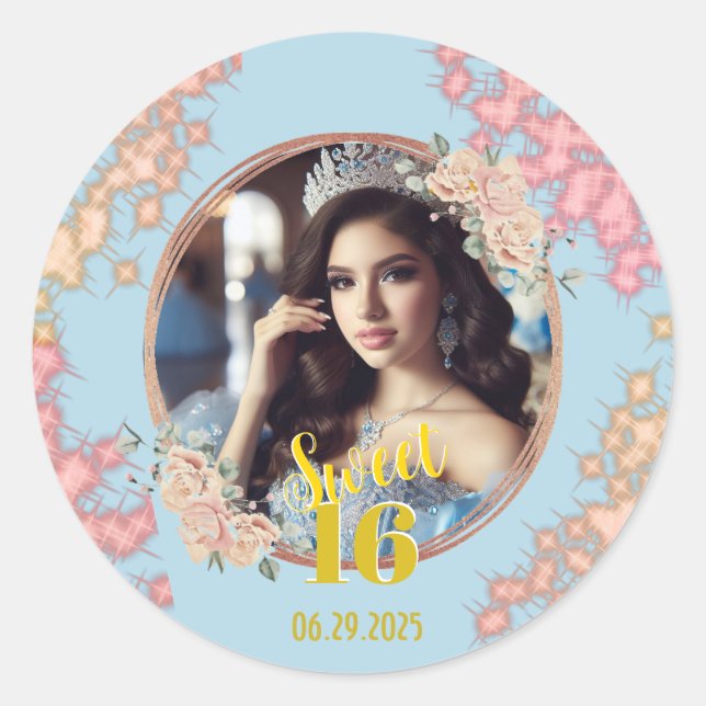 Pegatina Redonda Purpurina Princesa de Fairytale Sweet dieciséis (Anverso)