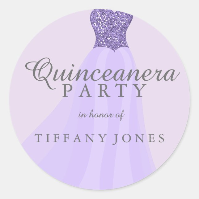 Pegatina Redonda Purpurina Purple Sparkling Gown Quinceanera Fiesta (Anverso)