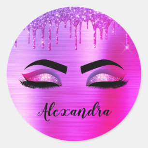 Pegatina Redonda Purpurina púrpura Esparkle Eyelashes Monograma Nom