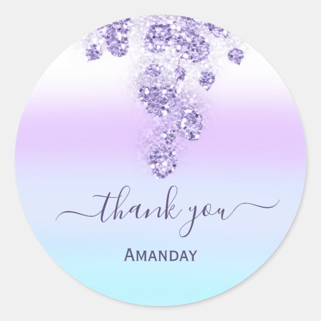 Pegatina Redonda Purpurina púrpura gotea dulce de novia16th Gracias (Anverso)