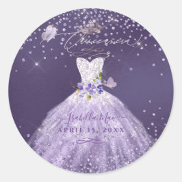 Pegatina Redonda Purpurina Quinceanera Dusty Purple Silver