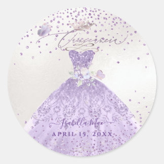 Pegatina Redonda Purpurina Quinceanera Dusty Purple Silver