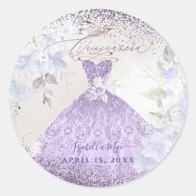 Pegatina Redonda Purpurina Quinceanera Lilac Morado Gown (Anverso)