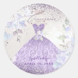 Pegatina Redonda Purpurina Quinceanera Lilac Morado Gown