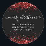 Pegatina Redonda Purpurina rojo Merry Christmas Name Address Black<br><div class="desc">El Purpurina Rojo Merry Christmas Name Return Address Black. Personaliza fácilmente el texto.</div>