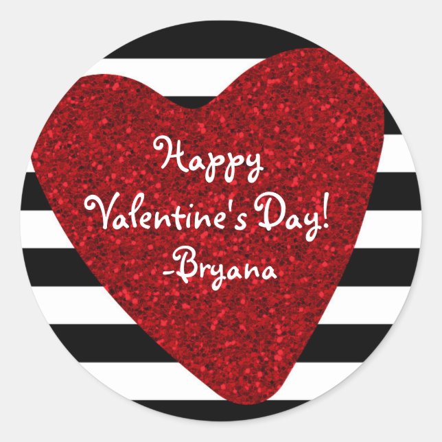 Pegatina Redonda Purpurina rojo mira el corazón blanco negro San Va (Anverso)