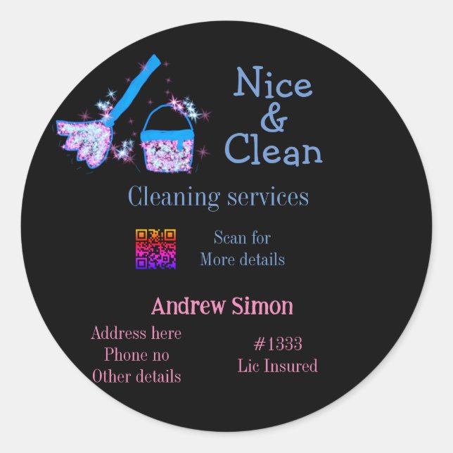 Pegatina Redonda Purpurina rosa azul limpio mop añadir dirección q  (Anverso)