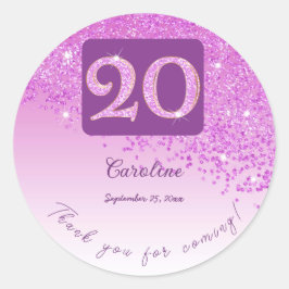 Pegatina Redonda Purpurina Rosa caído, cumpleaños 20 gracias