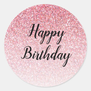Pegatina Redonda Purpurina rosa Glam Happy Birday