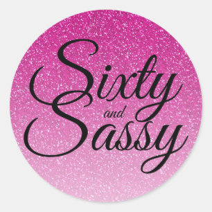 Pegatina Redonda Purpurina rosa Ombre 60 y cumpleaños 60 Sassy