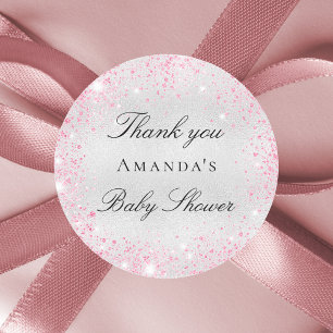 Pegatina Redonda purpurina rosa plateado de Baby Shower gracias