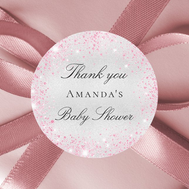 Pegatina Redonda purpurina rosa plateado de Baby Shower gracias (Subido por el creador)