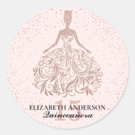 Pegatina Redonda Purpurina Rosa Rosa Dorado Vestido Sparkle Quincea