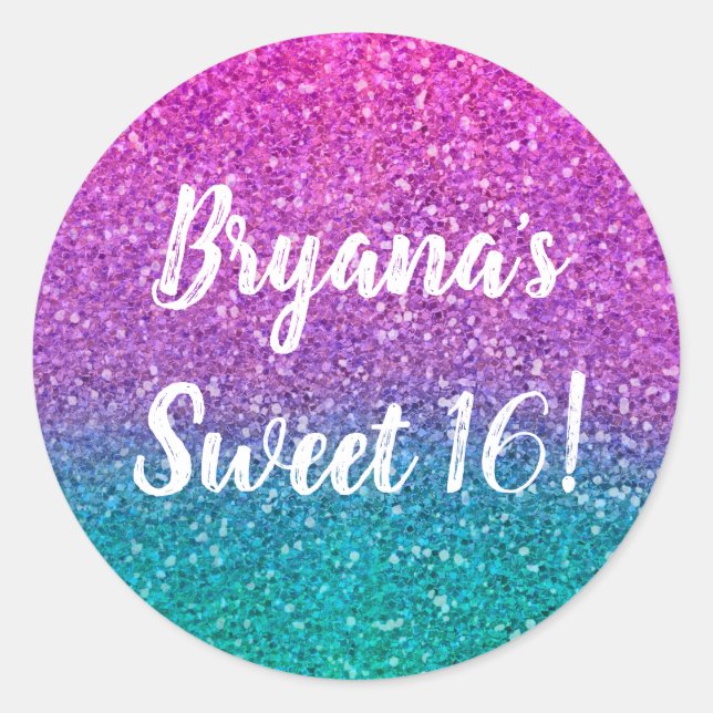 Pegatina Redonda Purpurina rosa Verde azulado Aqua Blue & Purple Sp (Anverso)